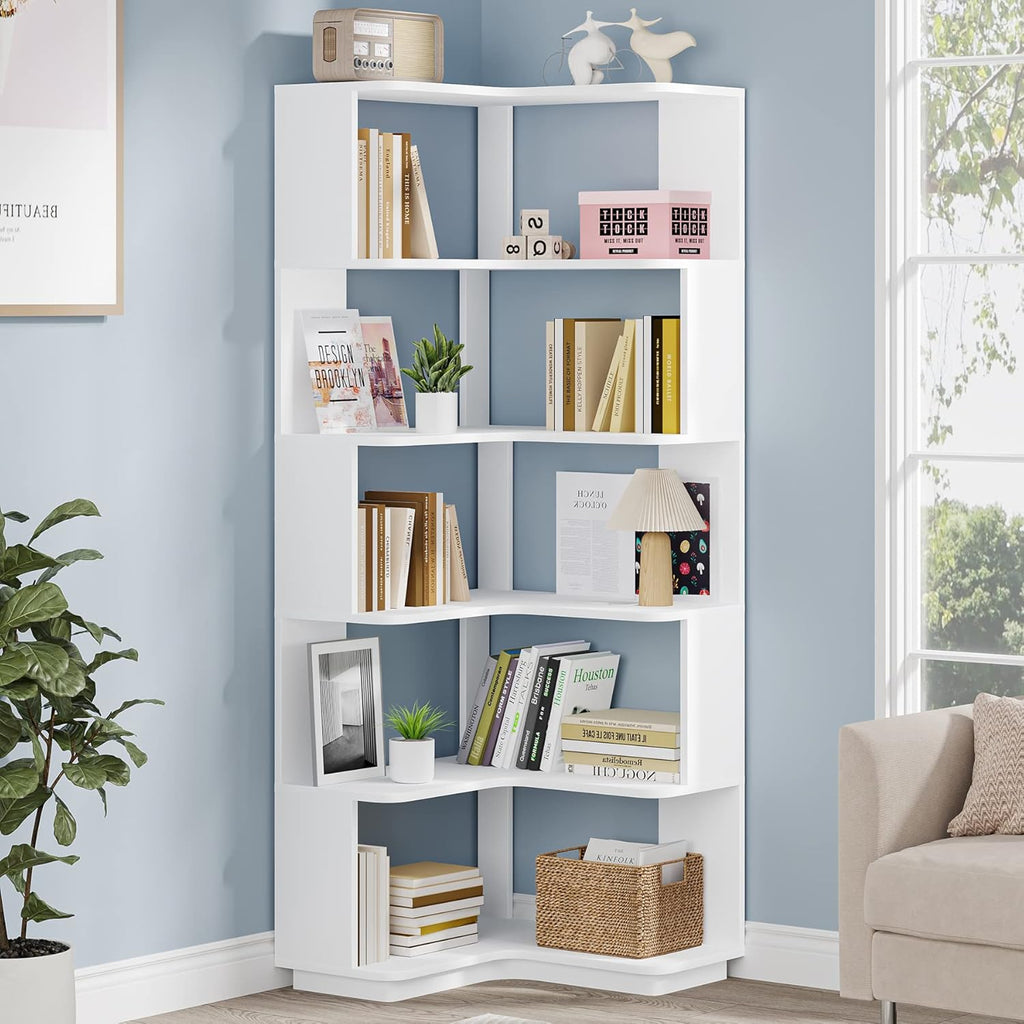 64.9-Inch Six-Tier Corner Bookshelf, White