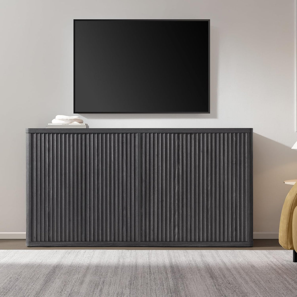 66.3-Inch Four-Door Fluted Buffet Cabinet, Dark Gray Alder