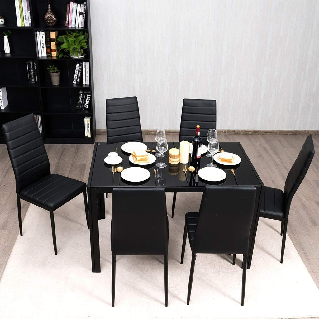 Glass-Top Dining Set with Six Padded Chairs, Black
