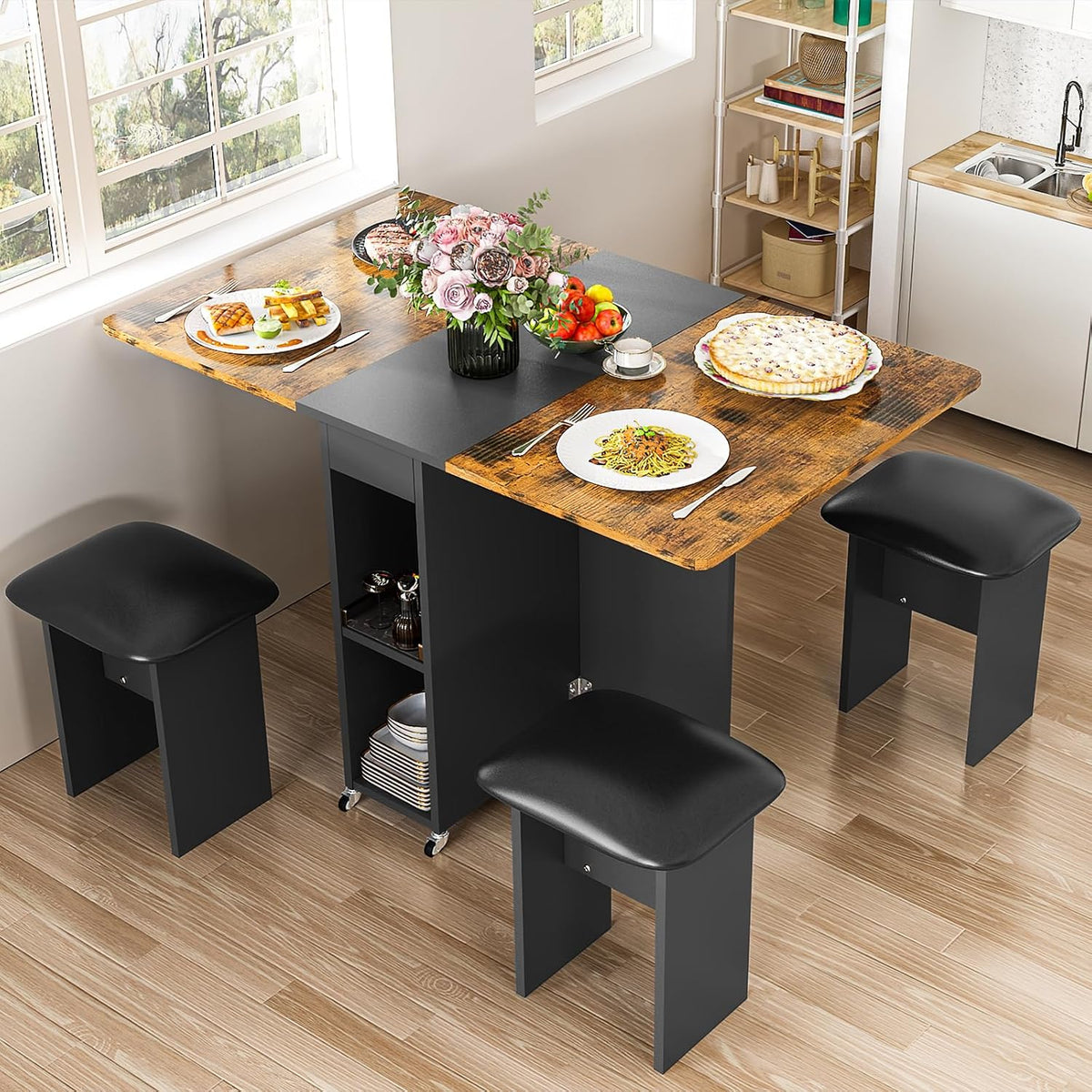 Folding Dining Table Set with 4 Chairs and Wheels