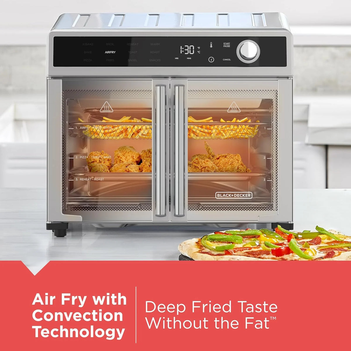 Air Fryer Toaster Oven Combo, 12 in 1 Countertop Convection Oven Cooks Food Fast, Fits a Whole Pizza or 6 Toast Slices, French Doors with…