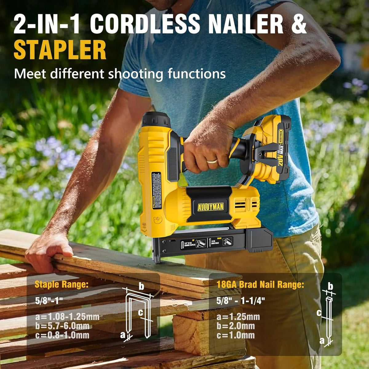 Alloyman 18 Gauge Nail Gun Battery Powered 2 in 1 Cordless Brad Nailer Electric Stapler with 2 0AH Battery and Charger 1000PCS Nails and 500