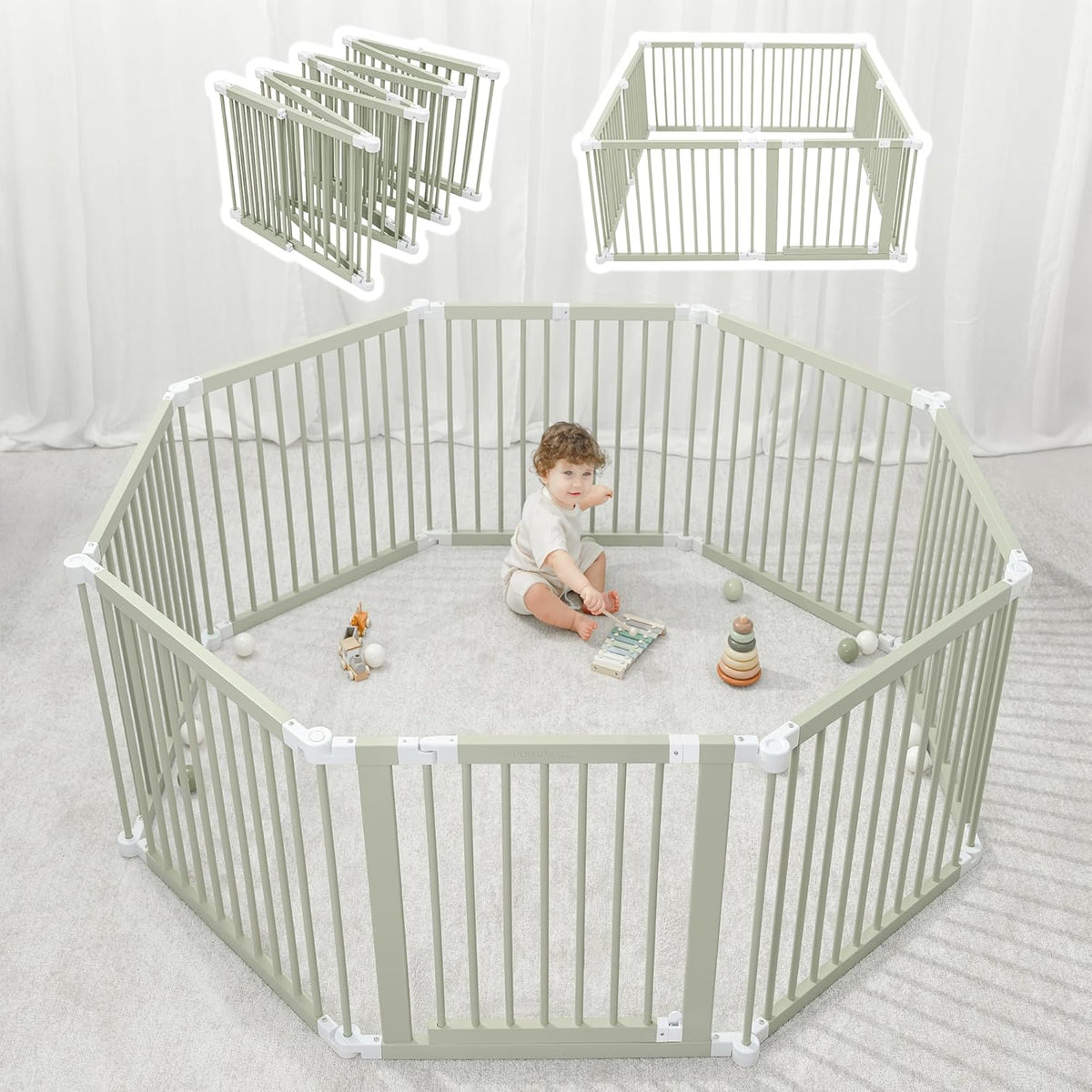 Foldable Wooden Baby Playpen and Gate, Light Wood and White