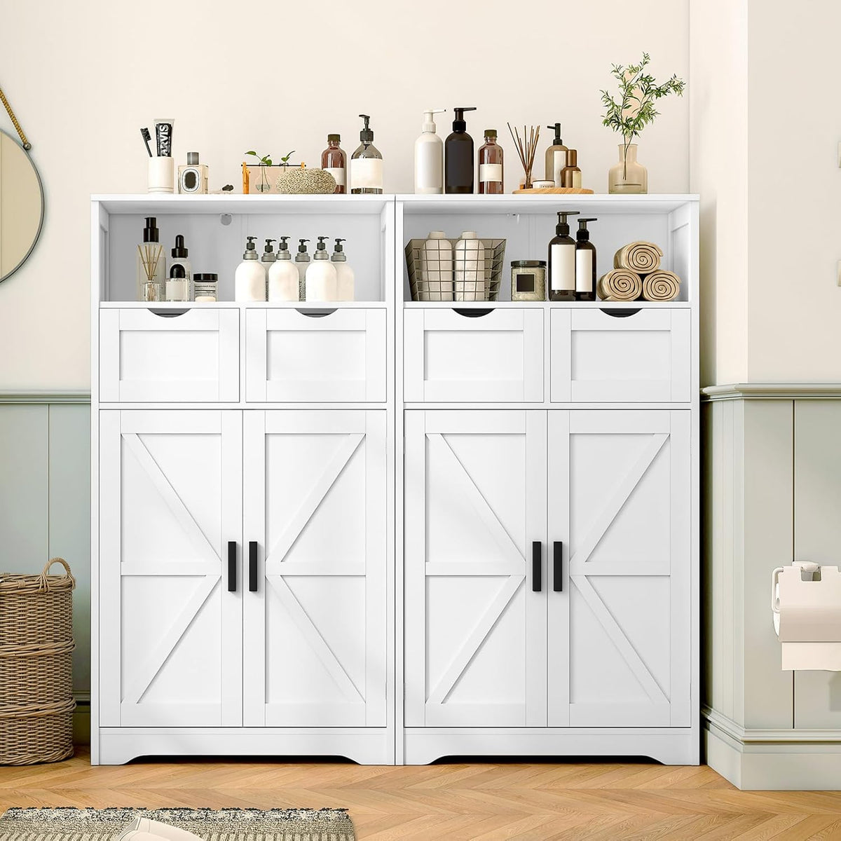Freestanding Storage Cabinet with 2 Drawers and Barn Doors