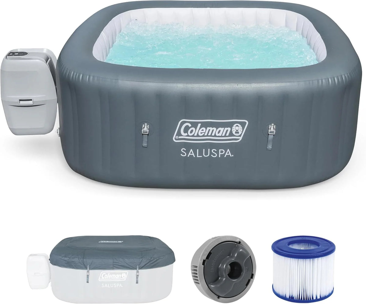4 to 6 Person Inflatable Hot Tub Square Portable Outdoor Spa with 114 Soothing Airjets and Insulated Cover
