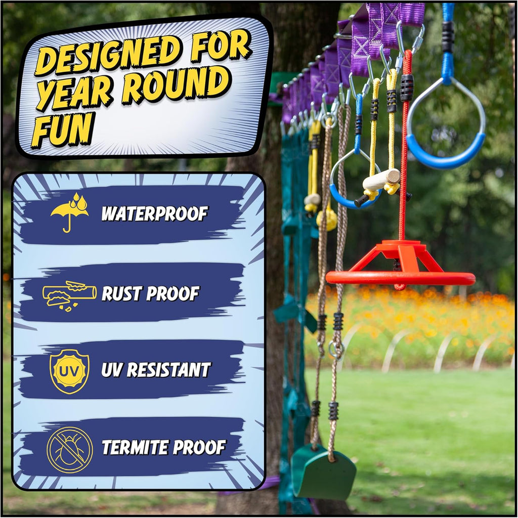 Kids' Outdoor Obstacle Course with Slacklines and Rope Ladder