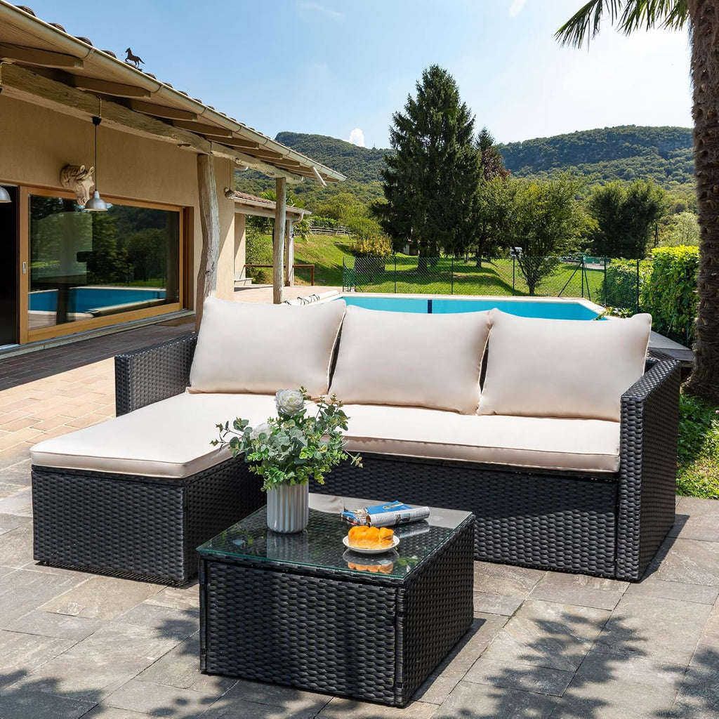 3-Piece Outdoor Wicker Patio Set with Glass Coffee Table, Beige