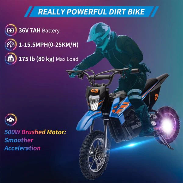 36V Kids Electric Dirt Bike, 36V, 350W, 15.5MPH, LED, 175LBS Max - Blue
