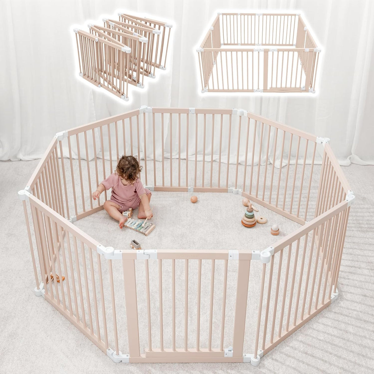 Foldable Wooden Baby Playpen and Gate, Light Wood and White