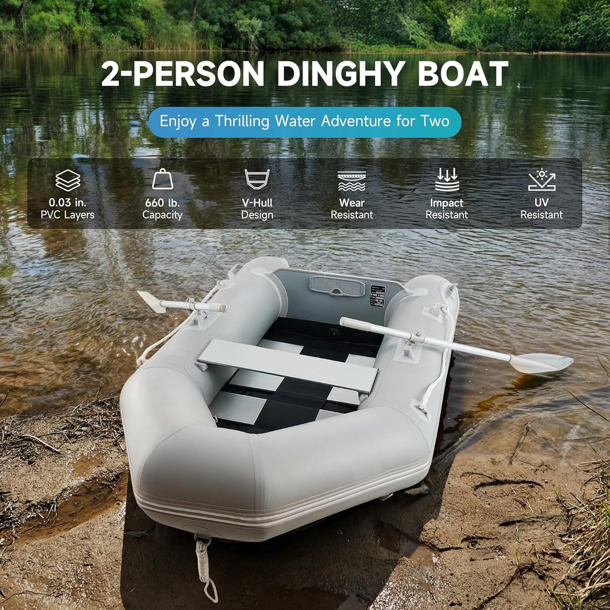 7.5FT Inflatable Dinghy Boat, 2 Person 660LB Transom Sport Tender Boat with Pump Aluminum Oars Floor, Heavy Duty Inflatable Raft Kayak for…