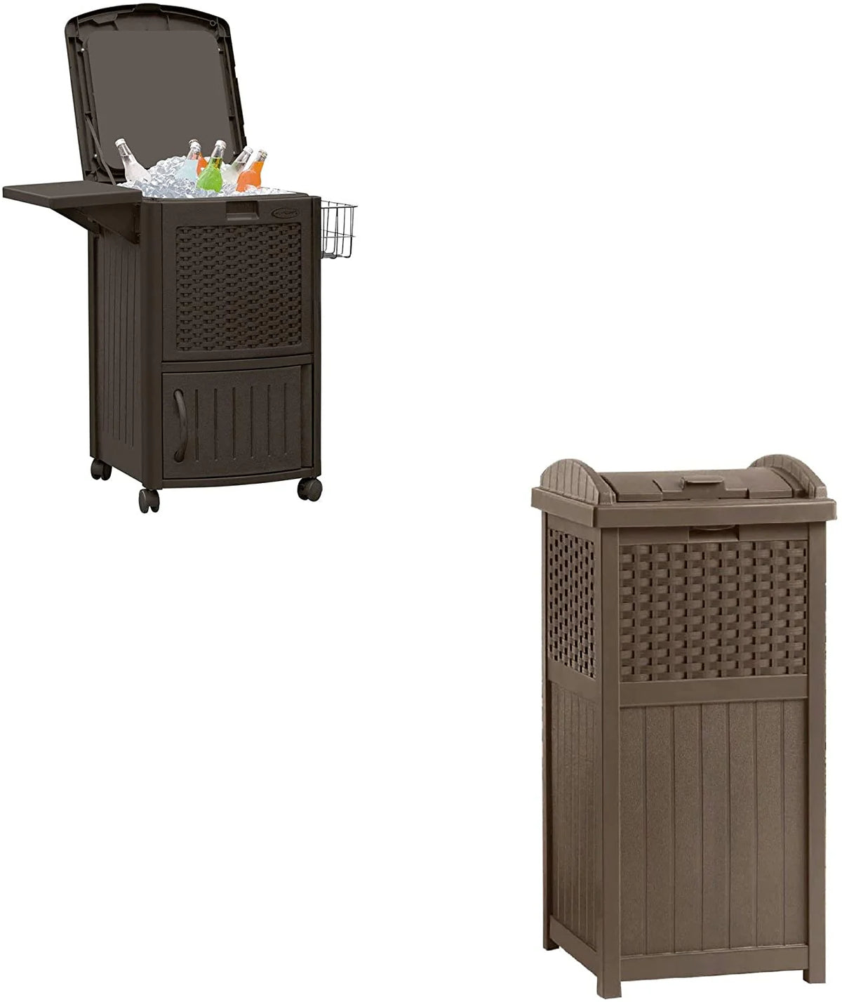 77 quart Resin Beverage Cart, Java & Suncast 33 gallon Resin Trash Can
