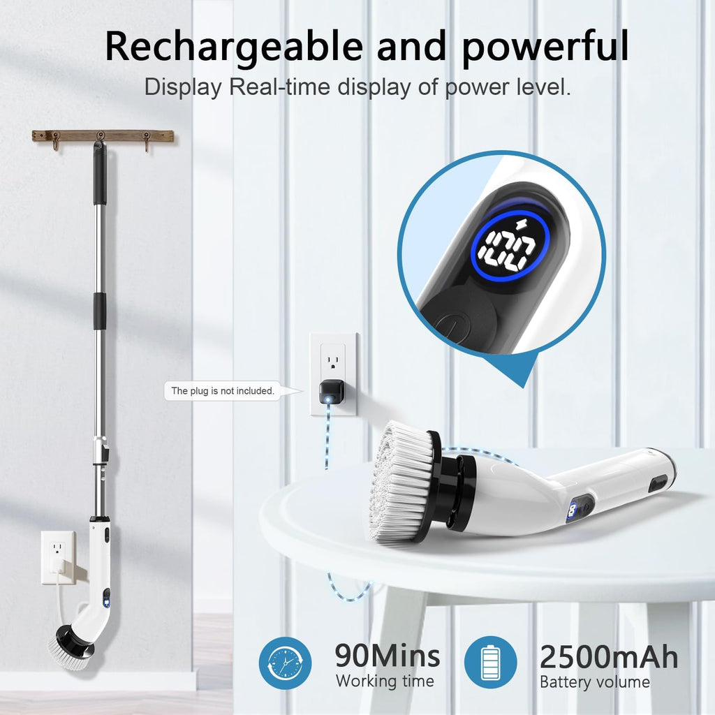 Cordless Electric Spin Scrubber with Extendable Handle and Display