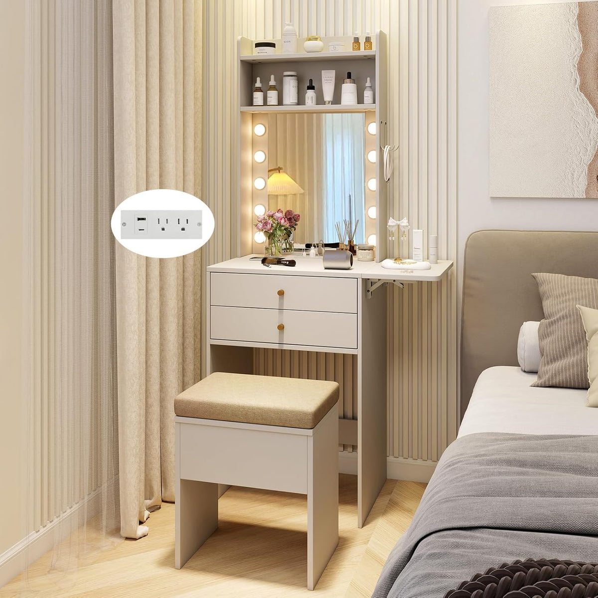 Compact Vanity Desk with Lighted Mirror and Storage, White
