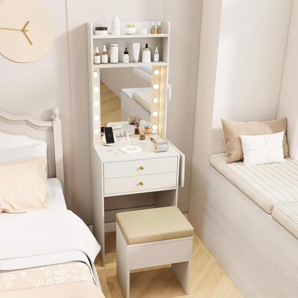 Compact Vanity Desk with Lighted Mirror and Storage, White
