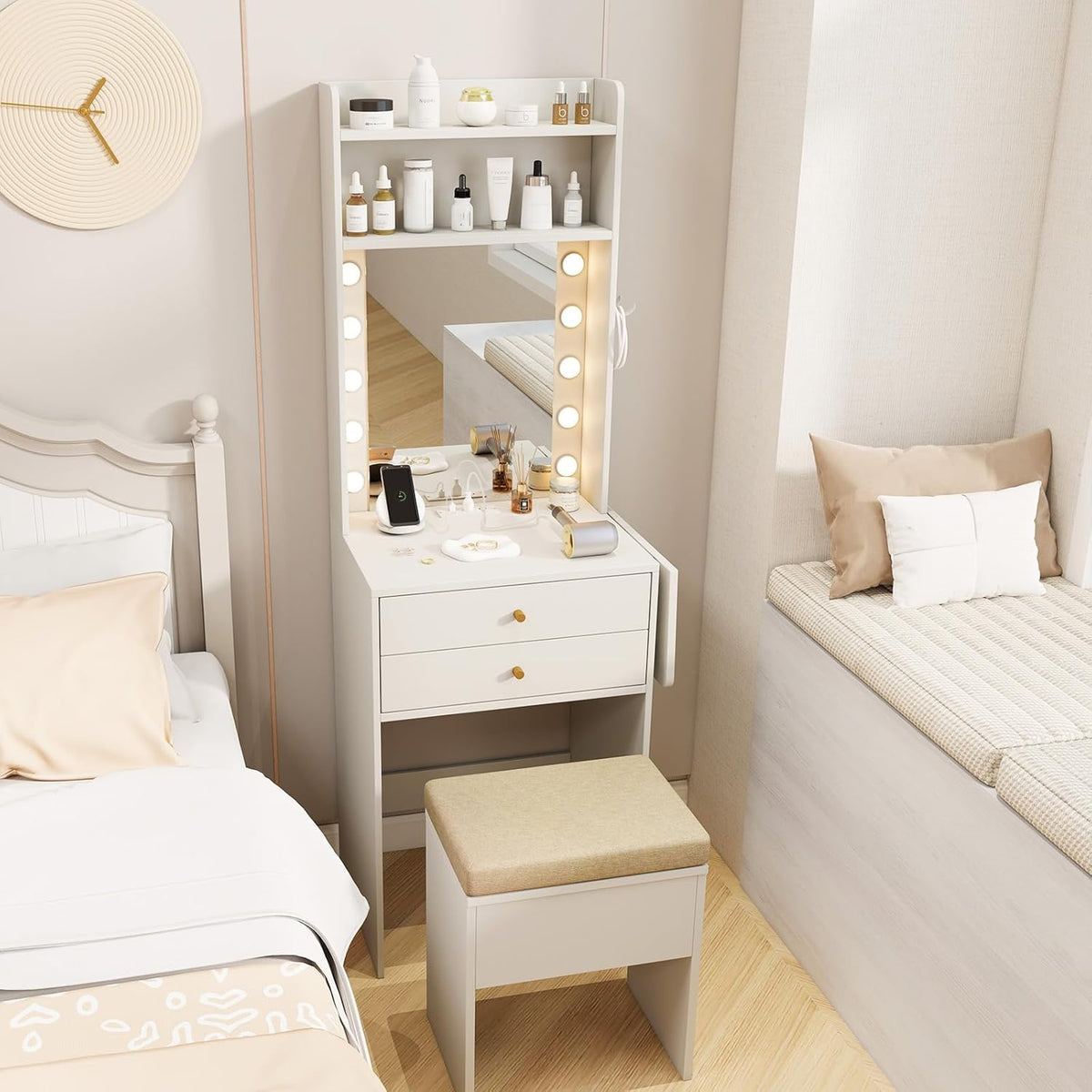 Compact Vanity Desk with Lighted Mirror and Storage, White