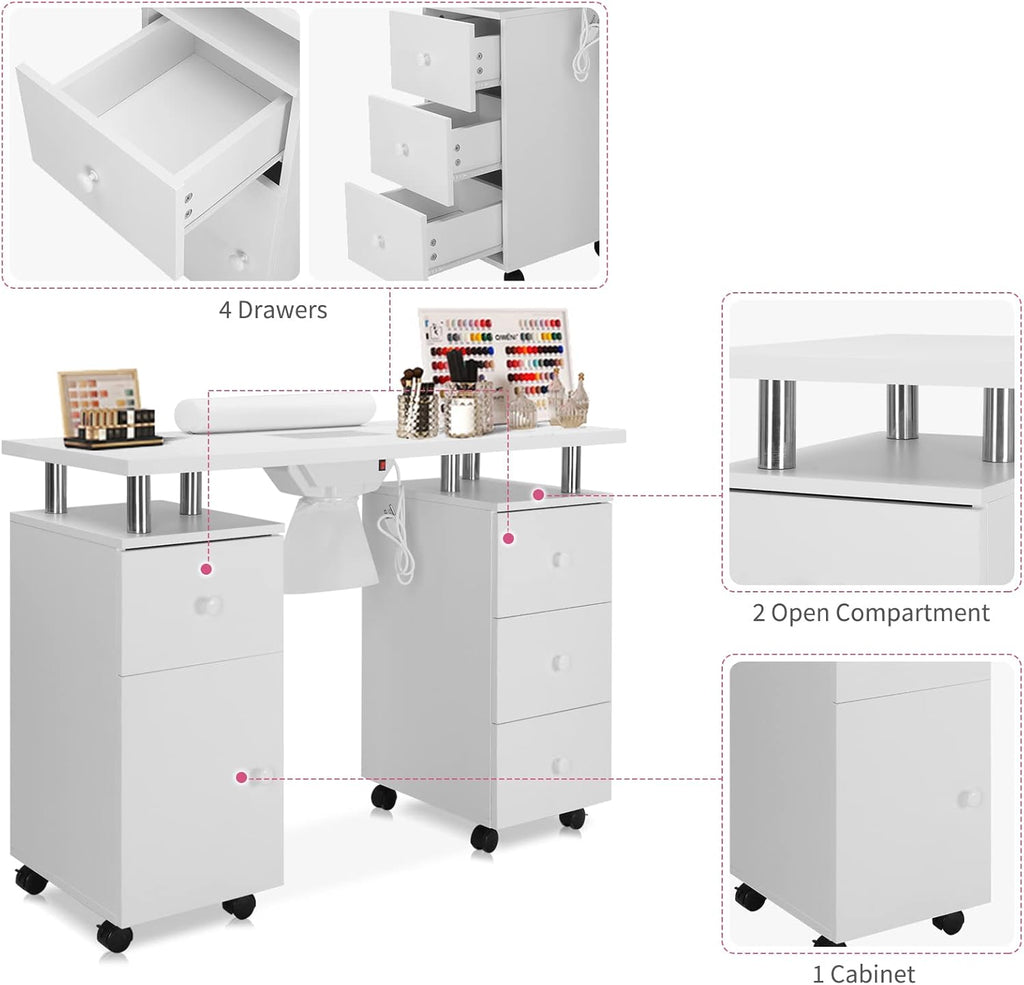 Manicure Table with Electric Dust Collector and Lockable Wheels, White