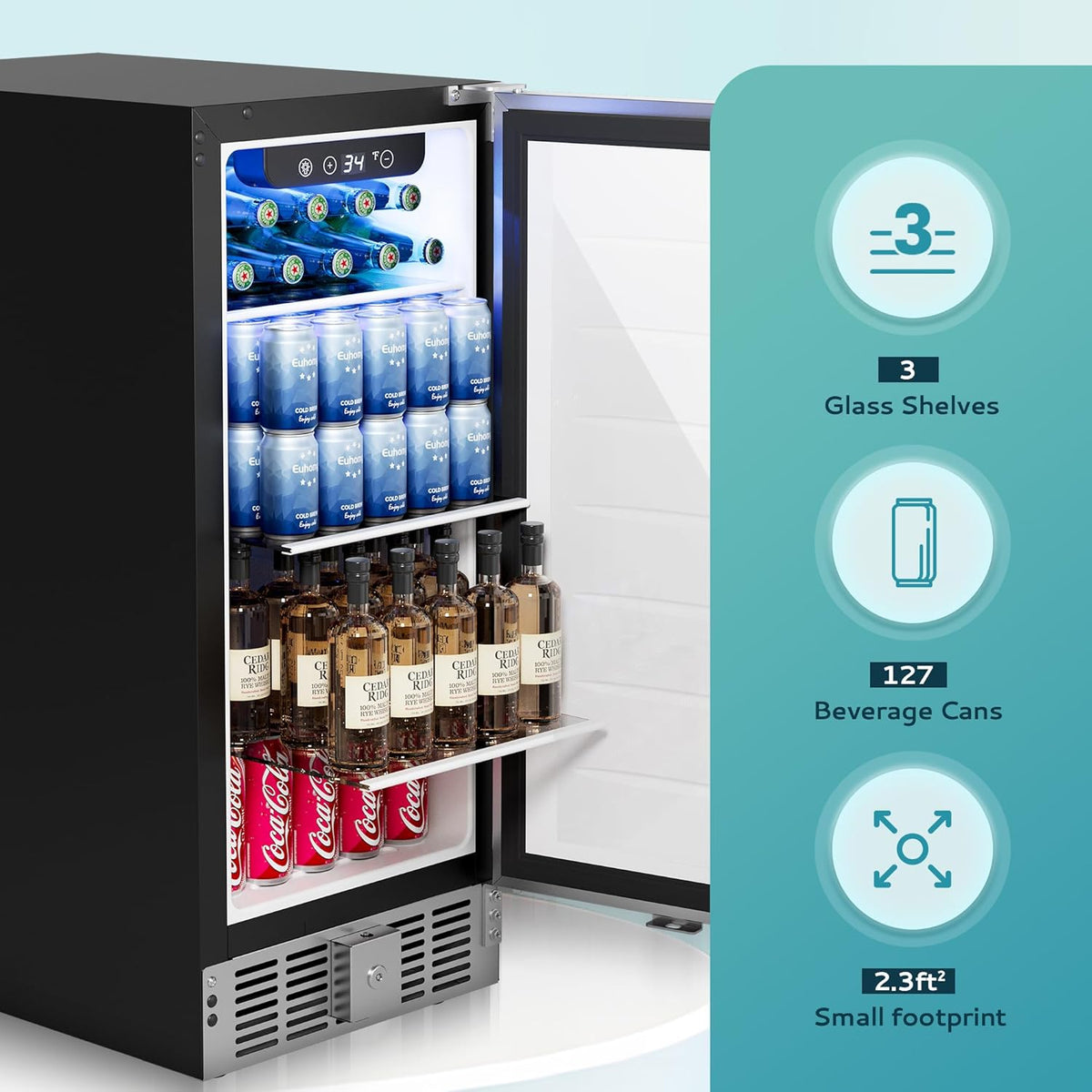 15-Inch Undercounter Beverage Refrigerator with Stainless Steel Door