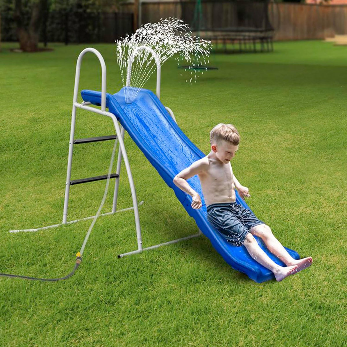 6 Foot Water Wave Slide with Built in Adjustable Sprinkler, Freestanding with Ground Pad and Hose Extension for Lawn Fun, Ages 3 to 8