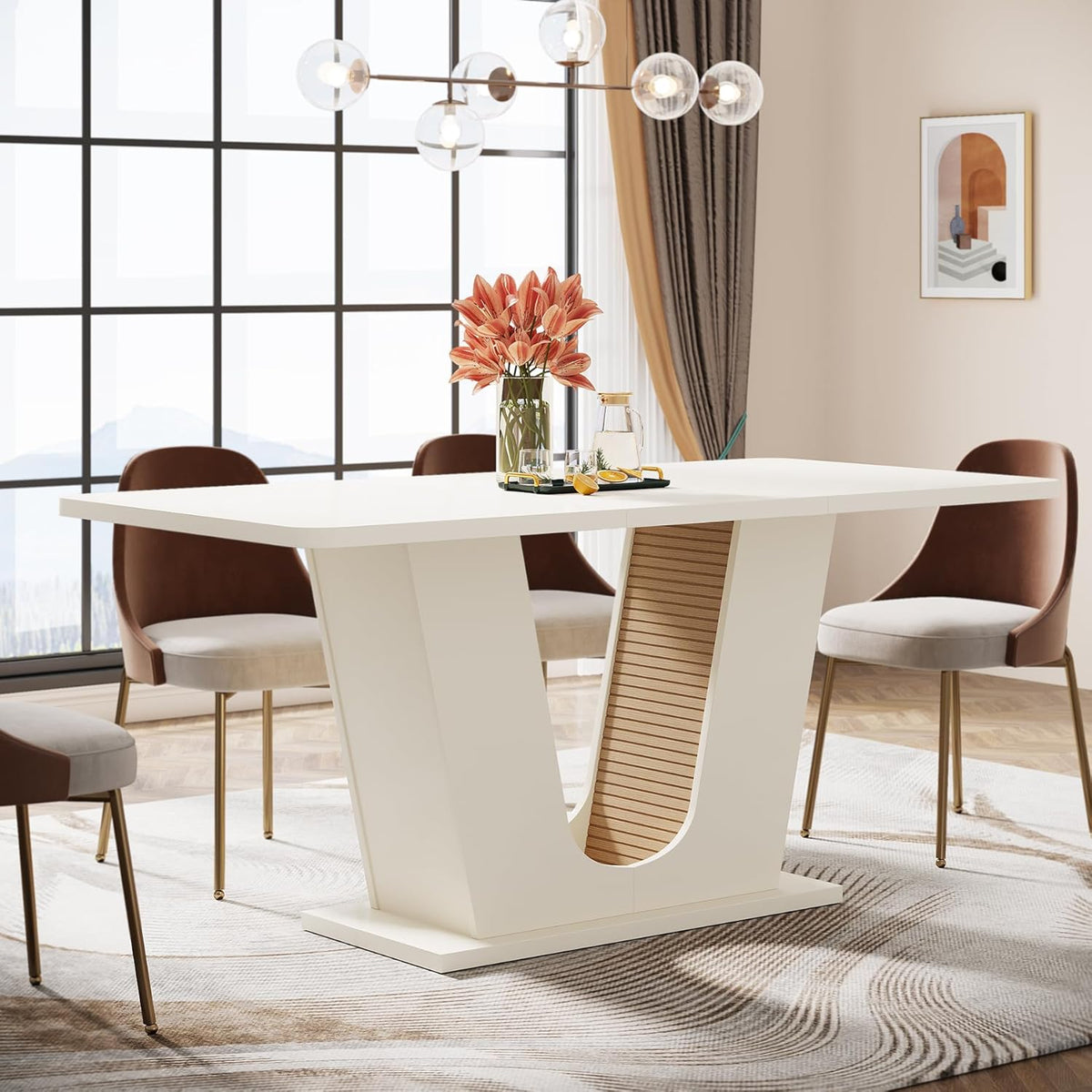 55-Inch Rectangular Dining Table with U-Shaped Base, Cream White