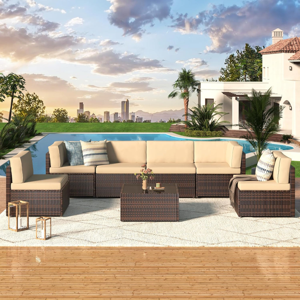 7-Piece Outdoor Wicker Patio Set with Cushions and Table