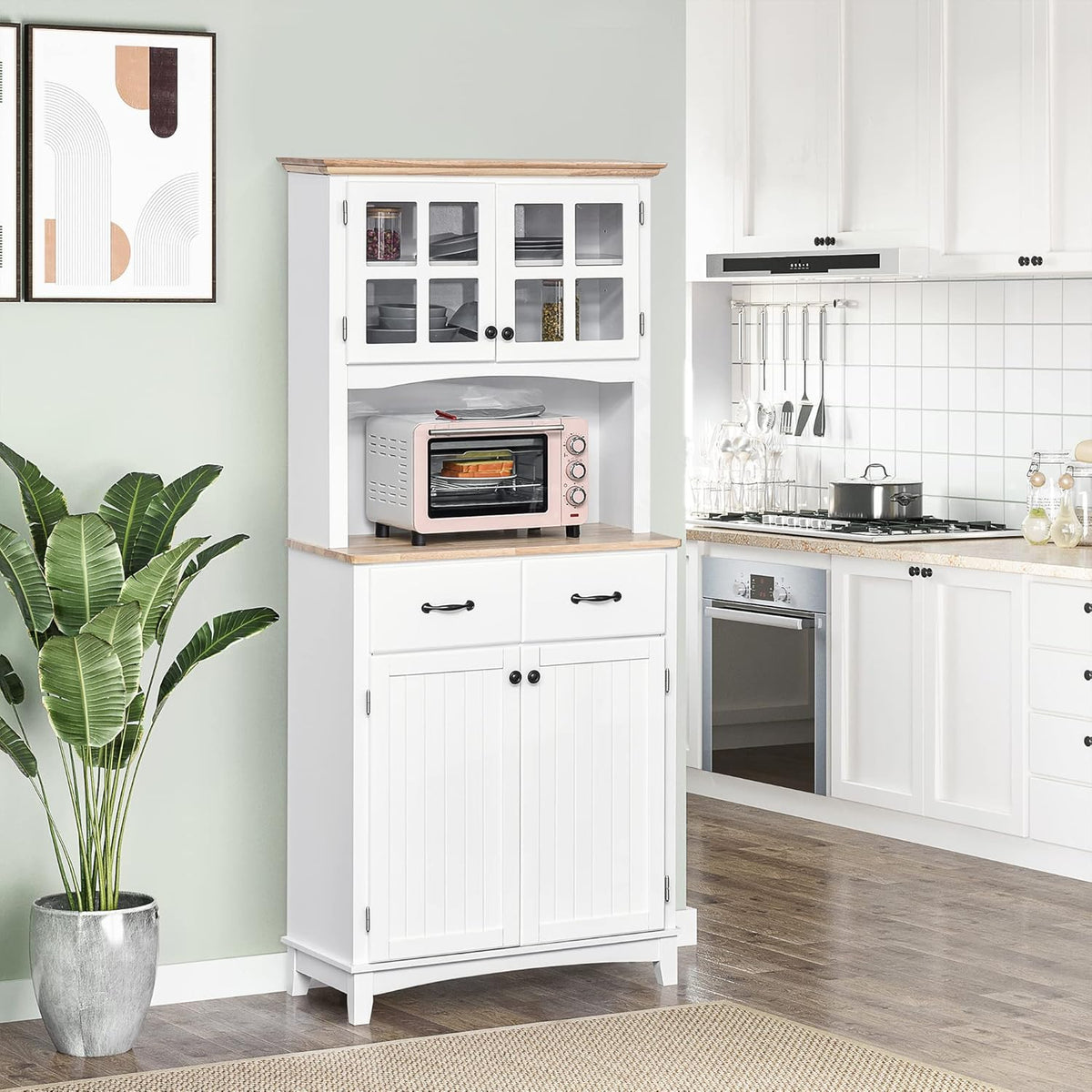 Freestanding Kitchen Pantry Cabinet with Glass Doors