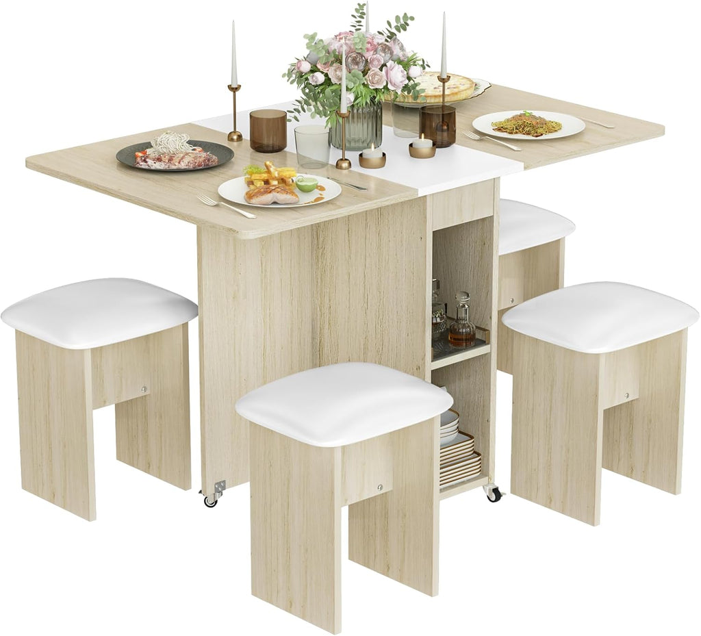 Folding Dining Table Set with 4 Chairs and Wheels