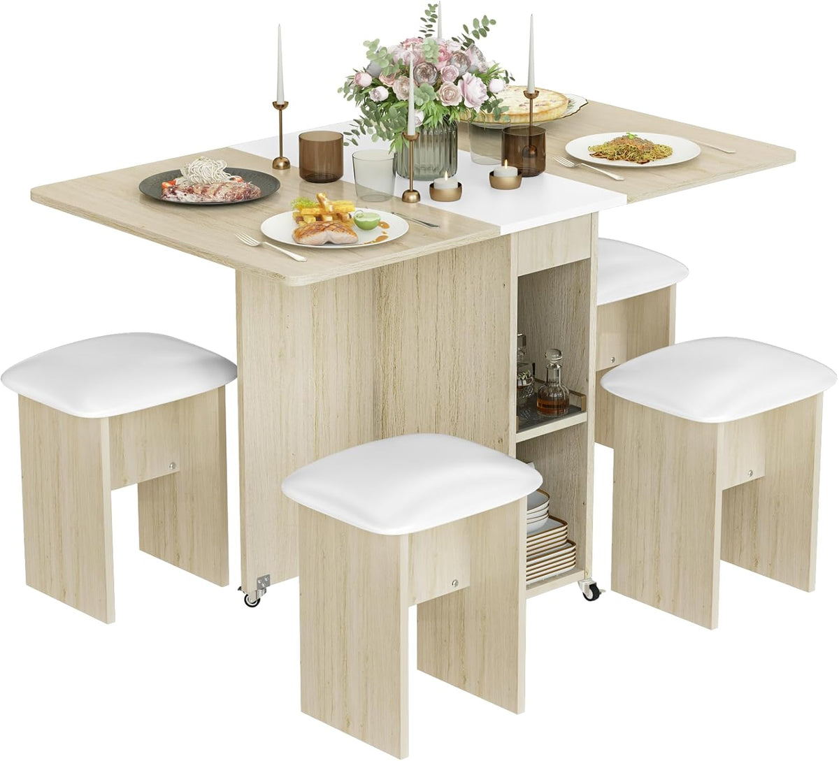 Folding Dining Table Set with 4 Chairs and Wheels