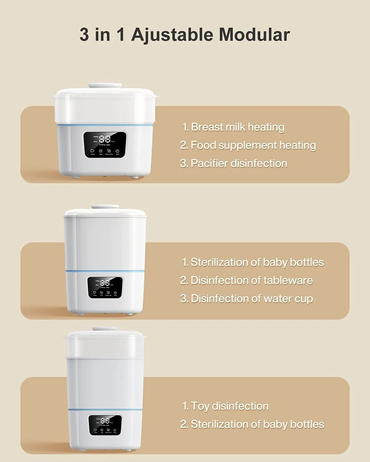 Luxury 3-IN-1 Baby Bottle Steam Sterilizer and Dryer with Lcd Screen