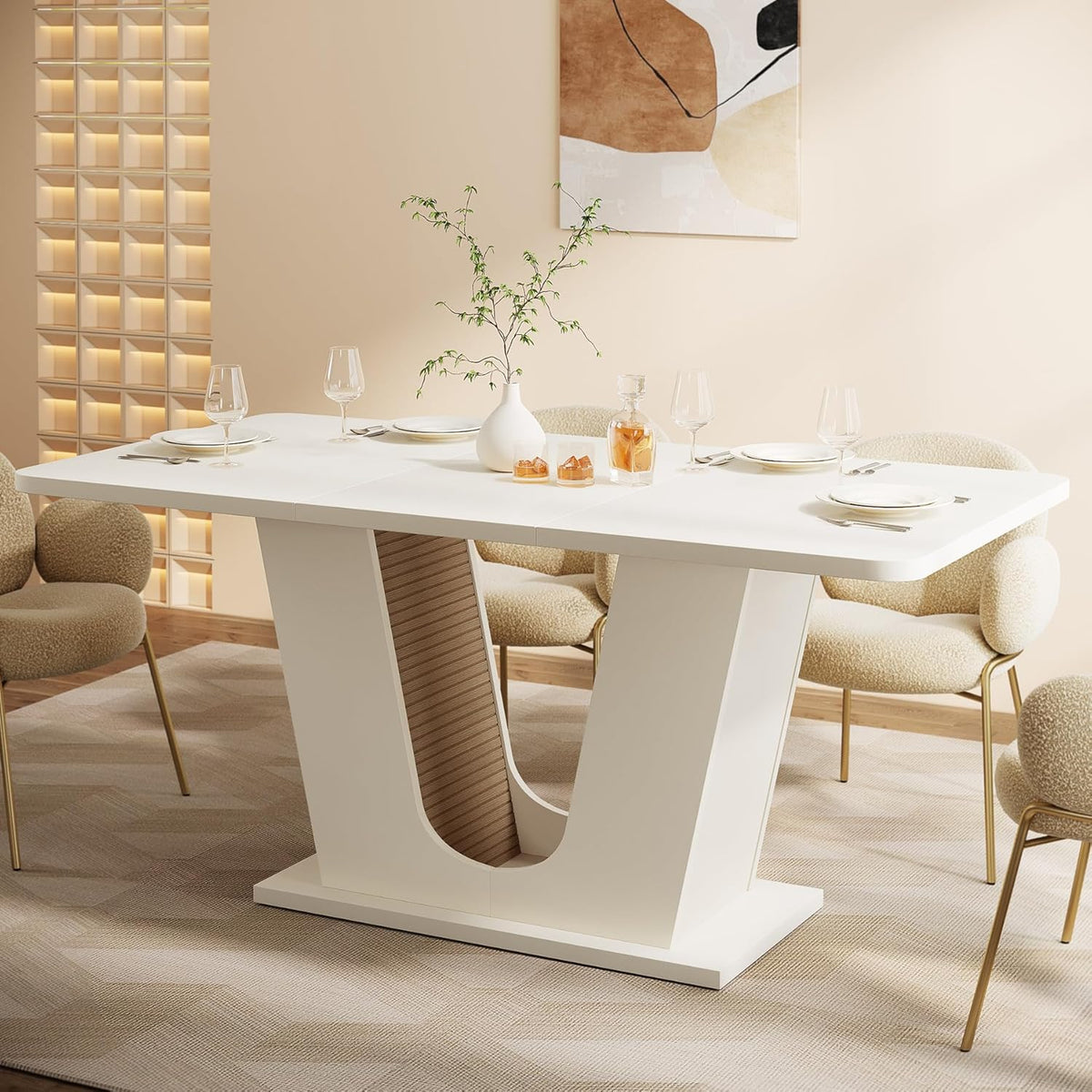 55-Inch Rectangular Dining Table with U-Shaped Base, Cream White