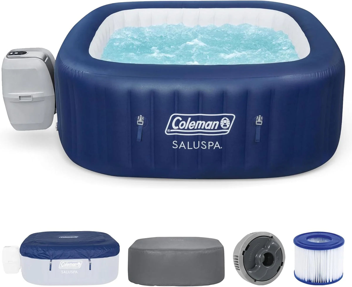 4 to 6 Person Inflatable Hot Tub Square Portable Outdoor Spa with 114 Soothing Airjets and Insulated Cover