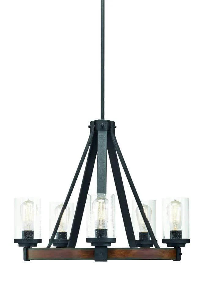 5-LIGHT Distressed Black and Wood Tone Rustic Clear Glass Candle Chandelier