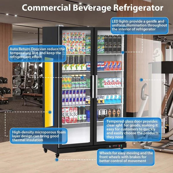 Commercial Refrigerator, Glass Door with LED Lighting - Upright Beverage Display Cooler for Home, Store, Gym, or Office, Featuring Double…