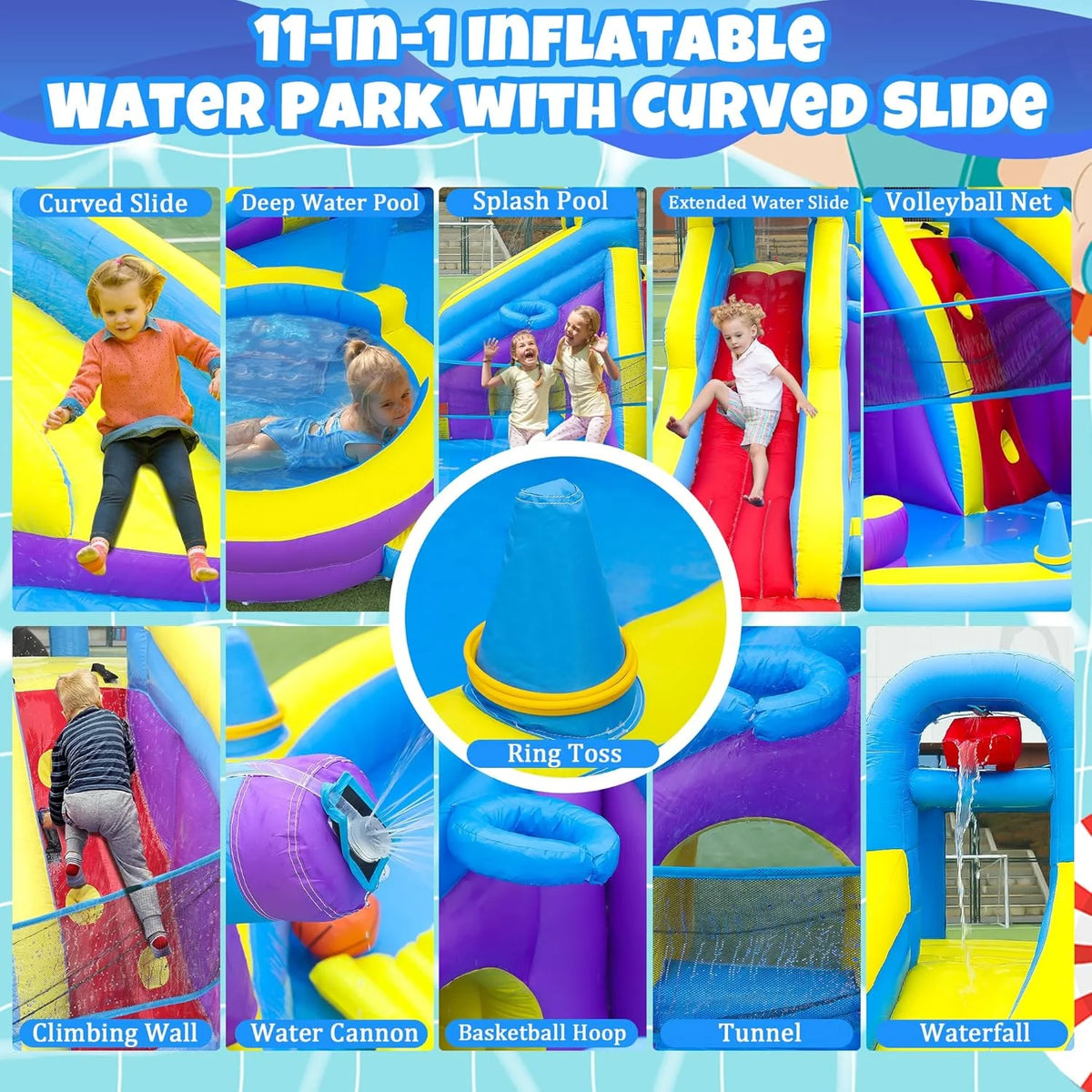 11-IN-1 Inflatable Water Slide & Dolphin Bounce House W/2 Long Slides, 19.7 ft X 13.1 ft Extra Large Waterslide Climbing Wall W/small Deeper…