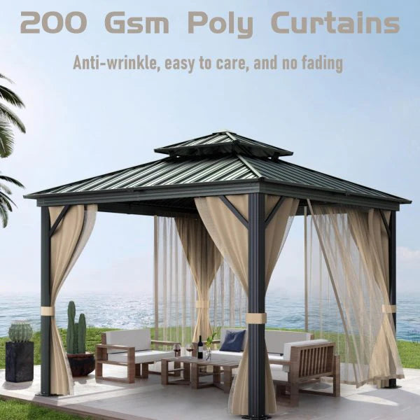10'X10′ Hardtop Gazebo with Double Metal Roof, Aluminum Frame, Net, and Curtain. All-weather, Ideal for Patio, Deck, Garden, Backyard. Khaki