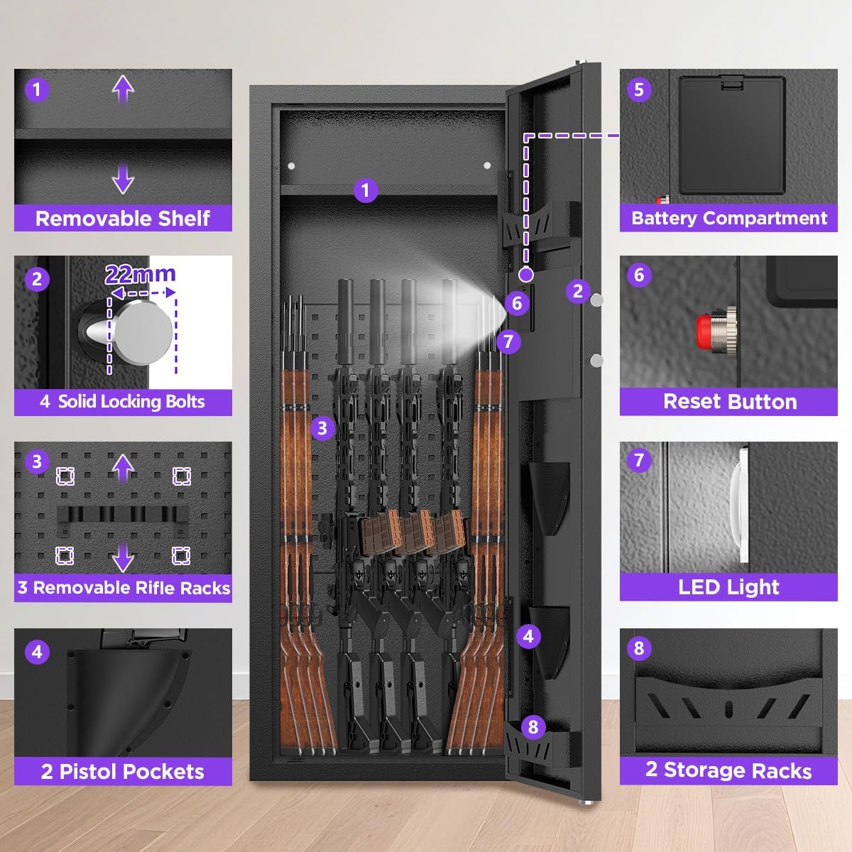 Rifle Storage Cabinet with Digital Keypad and Adjustable Interior