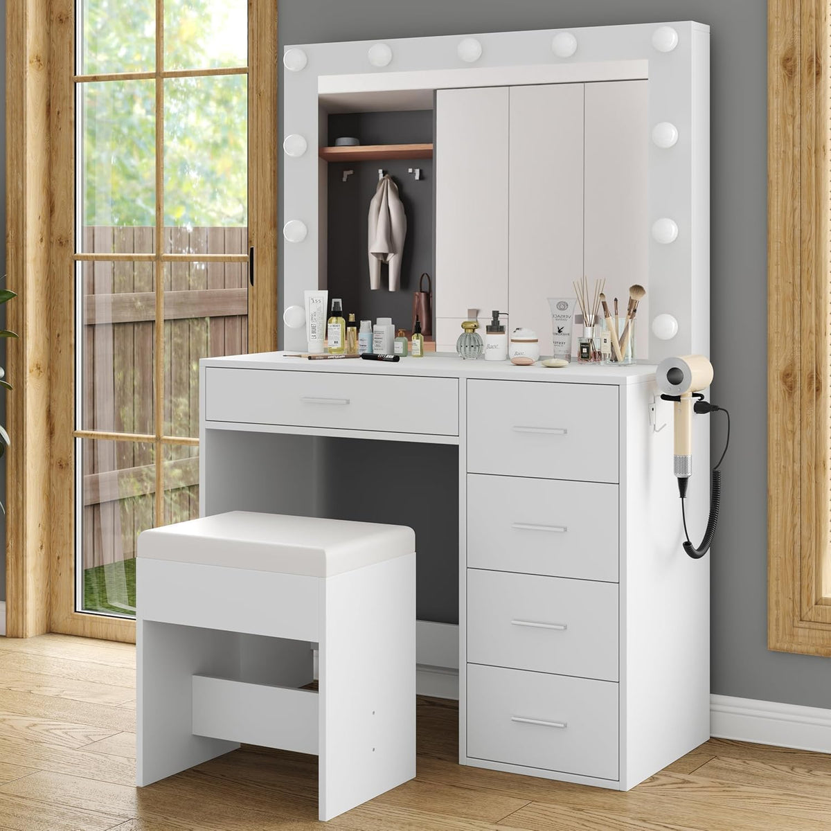 55-Inch Makeup Vanity with Lighted Mirror and 11 Drawers