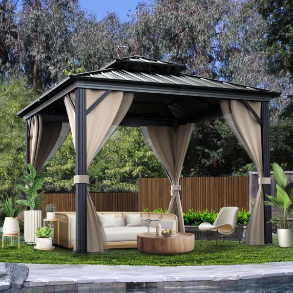 10'X10′ Hardtop Gazebo with Double Metal Roof, Aluminum Frame, Net, and Curtain. All-weather, Ideal for Patio, Deck, Garden, Backyard. Khaki