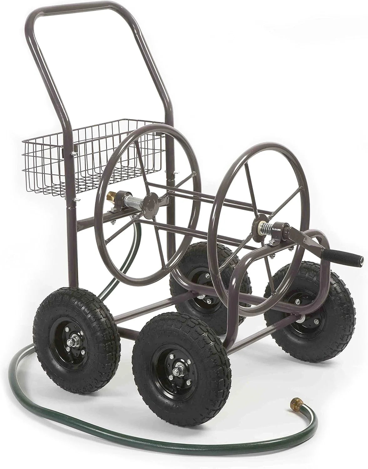 Residential Grade Four Wheel 250 Foot Capacity Steel Frame Water Hose Reel Cart with Basket for Backyard, Garden, or Home, Brown, Bronze