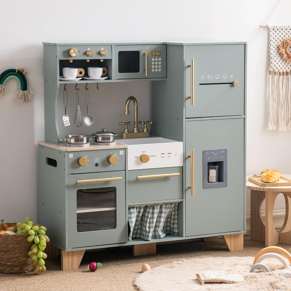Wooden Pretend Play Kitchen with Toy Appliances and Accessories