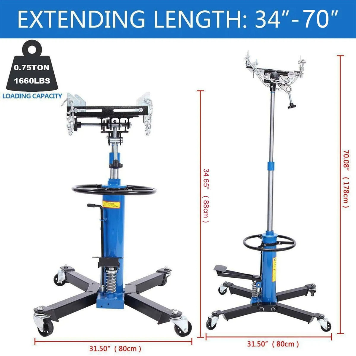 1660 Pounds Hydraulic Car Transmission Jack Vertical Lift with 360° Swivel Wheel Pedal ,BLUE,33"-70"(0.75TON