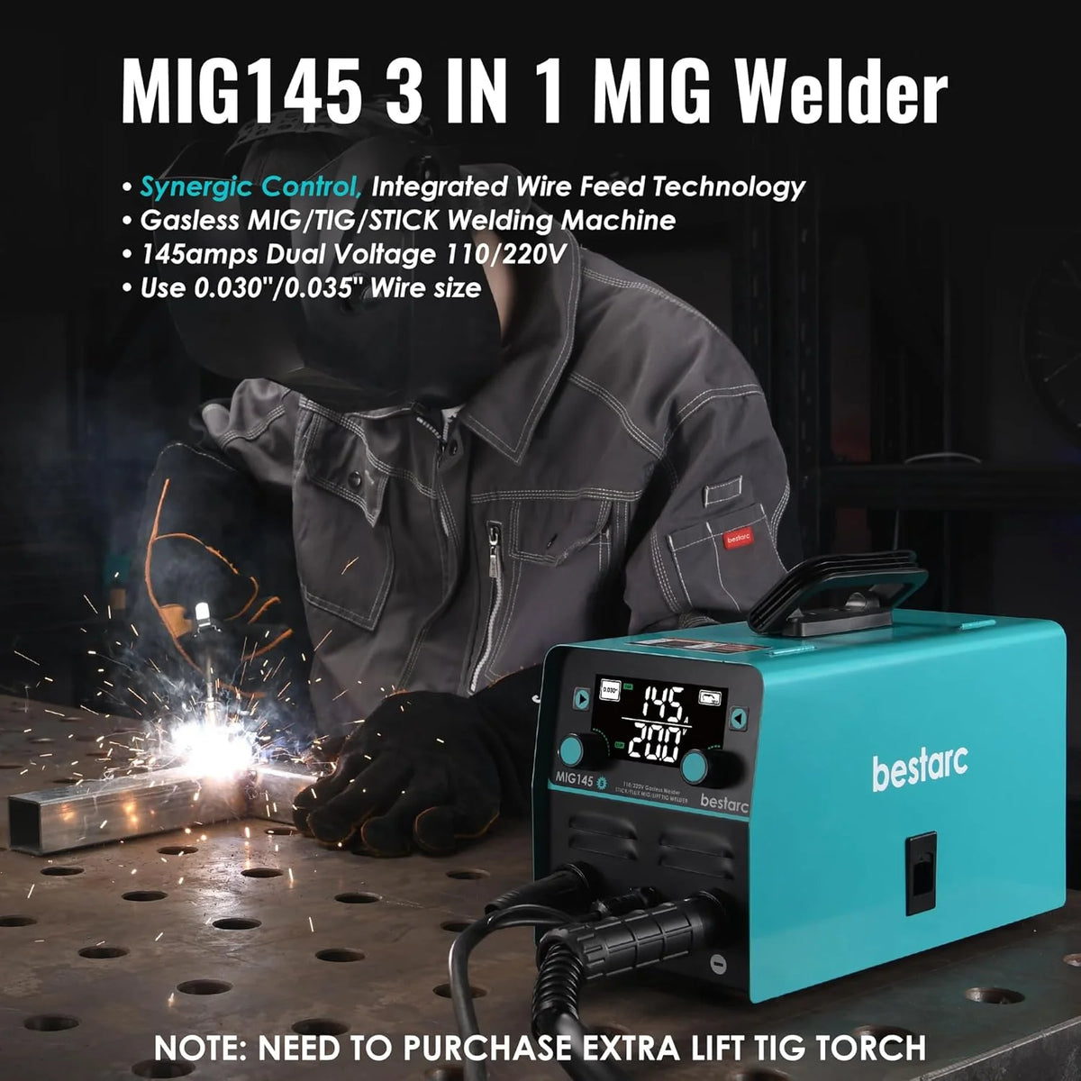 145A Mig Welder, 110V/220V Dual Voltage Gas/gasless Flux Core Mig Welder/lift Tig/stick 3 in 1 Synergic 9GEN Welding Machine, Flux/solid…