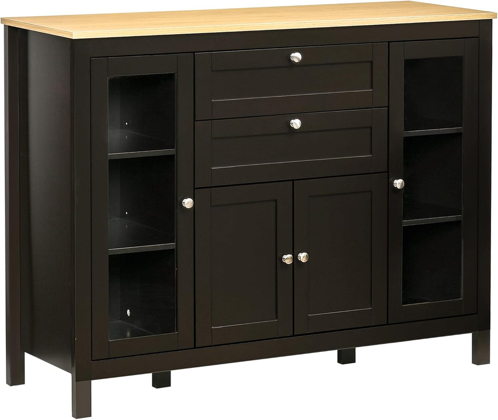 Kitchen Sideboard with Glass Doors and Two Drawers, Oak White