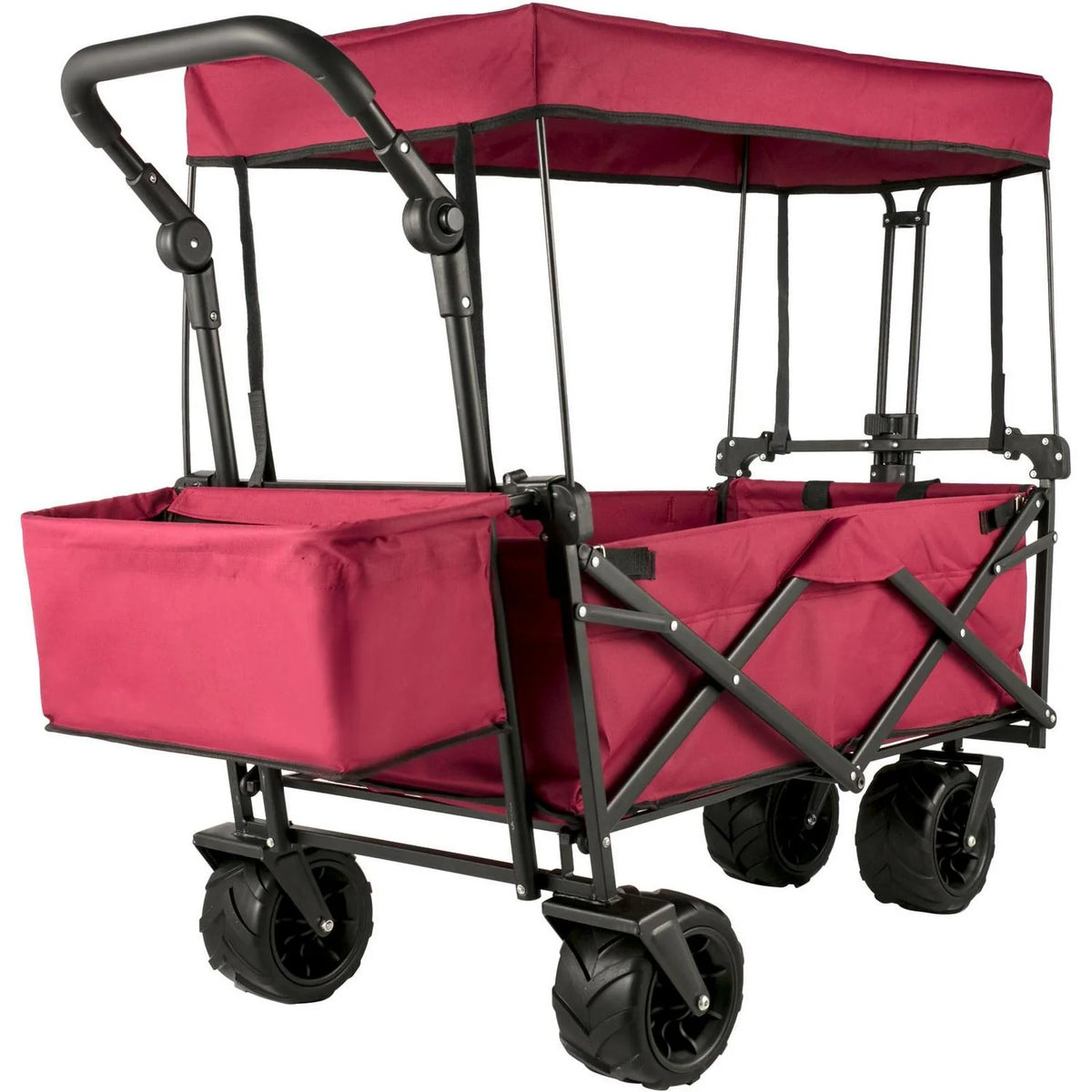 Red Collapsible Wagon Cart with Canopy, 360ÆŽ3 Wheels, Adjustable Handles, 220 lbs Capacity for Beach & Garden