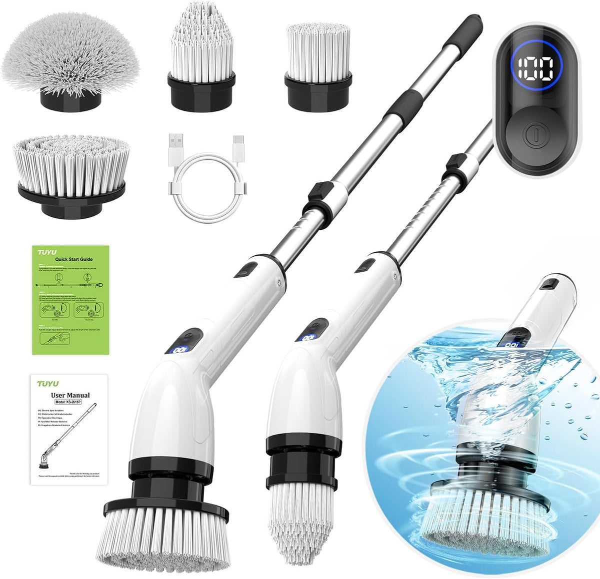 Cordless Electric Spin Scrubber with Extendable Handle and Display
