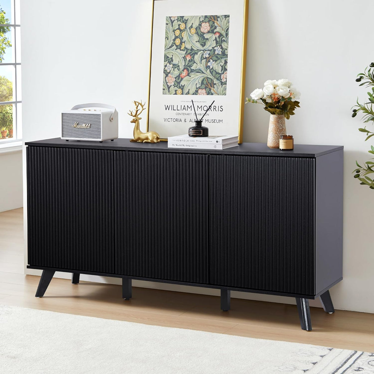 Fluted Sideboard Cabinet with Doors, Walnut