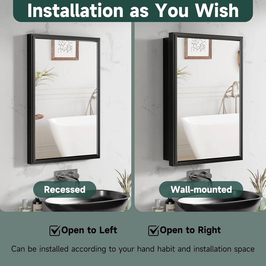 Mirrored Bathroom Medicine Cabinet for Wall or Recessed Mounting