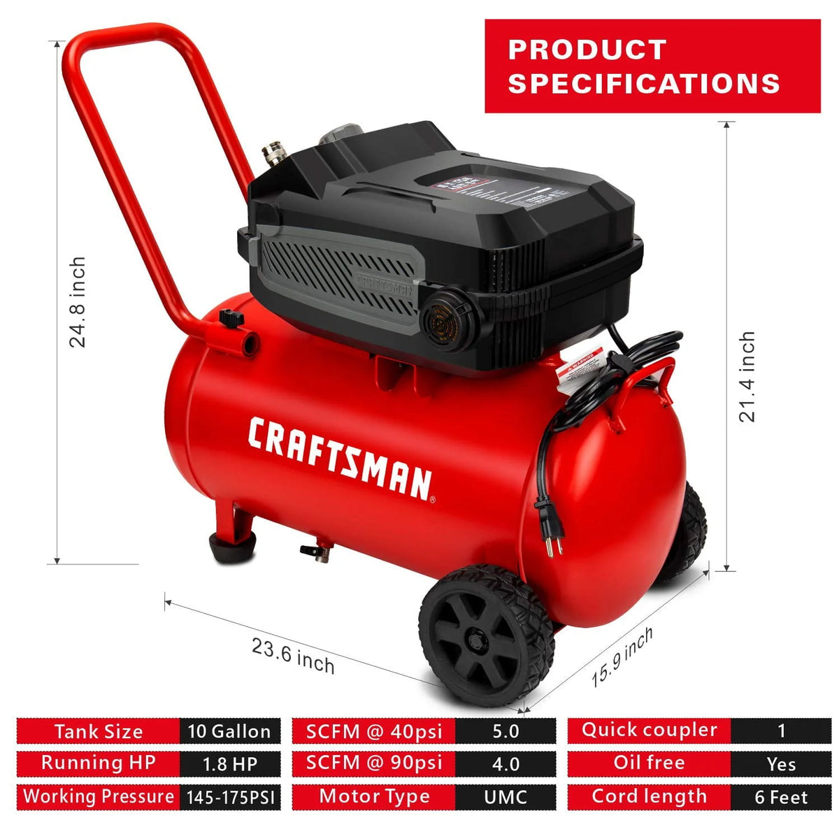 Hard Air Compressor, 10 gallon 1.8 HP 175 PSI, 4.0CFM@90PSI, Oil Free and Maintenance Free, Portable with Large Wheels