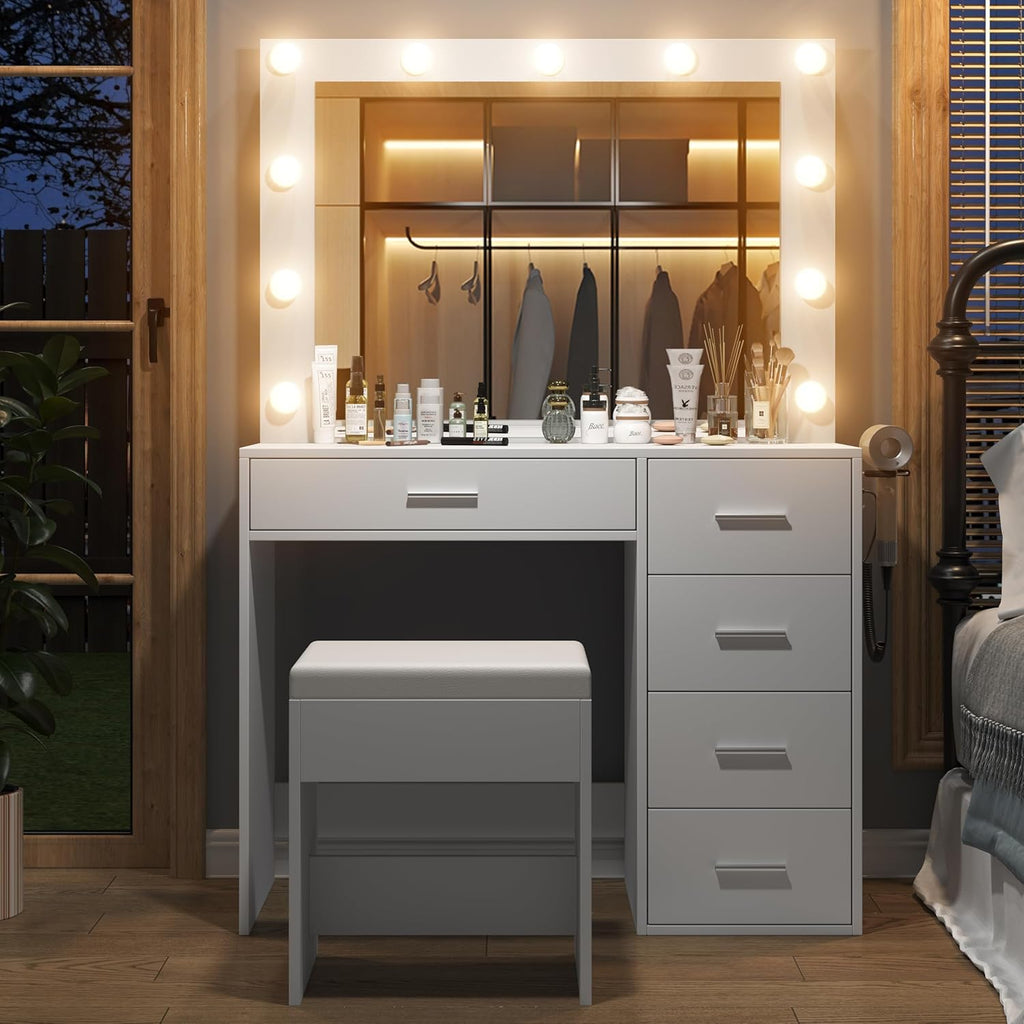 37-Inch Makeup Vanity with Lighted Mirror and 5 Drawers