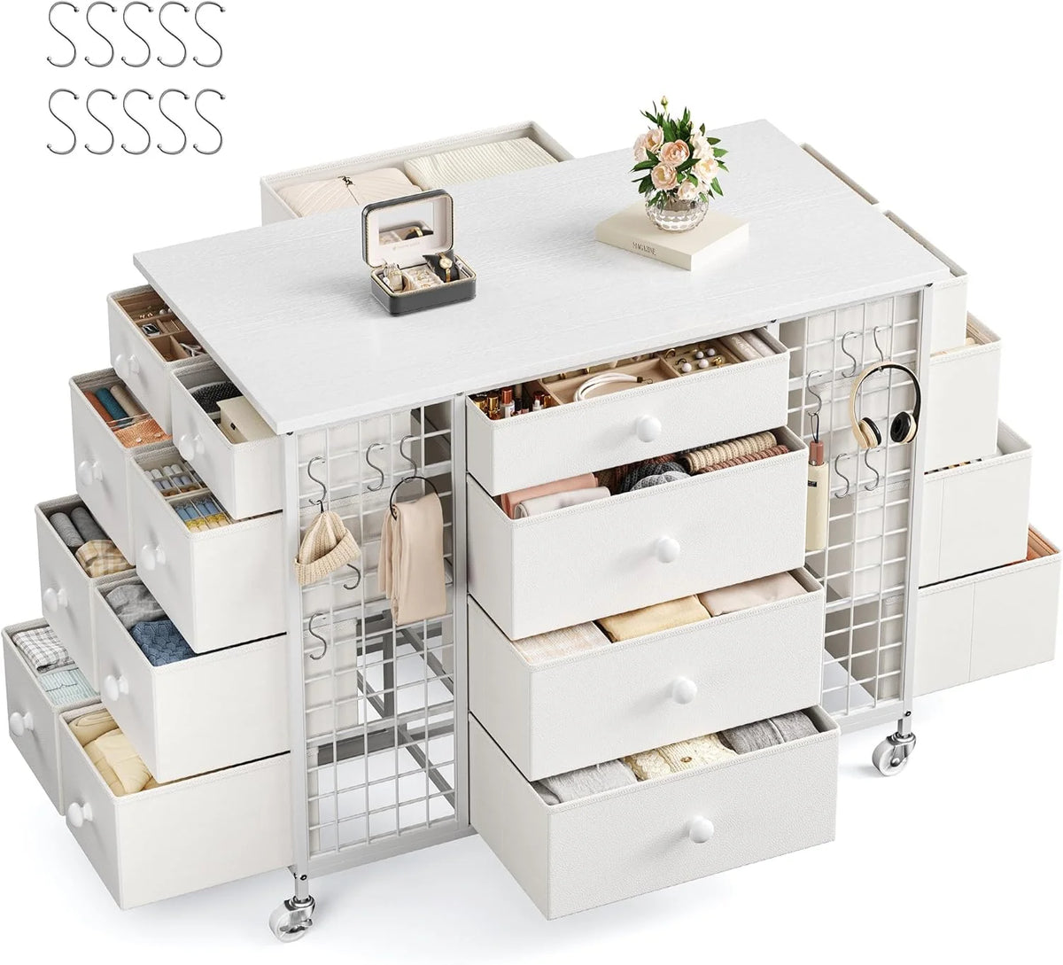 24 Drawers White Dresser for Bedroom, Dressers & Chests of Drawers with 4 Wheels and 40 * 23 Wide Wooden Top, Metal Frame, Closet Island…