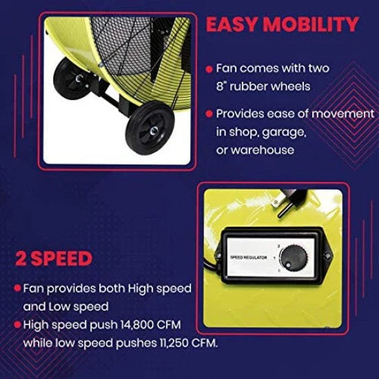 42′′ Belt Drive Drum Fan; Industrial, Garage, Shop, High Speed 2-SPEED, Durable, Cut-off Protection, Easy Mobility Rubber Wheels; Safety…